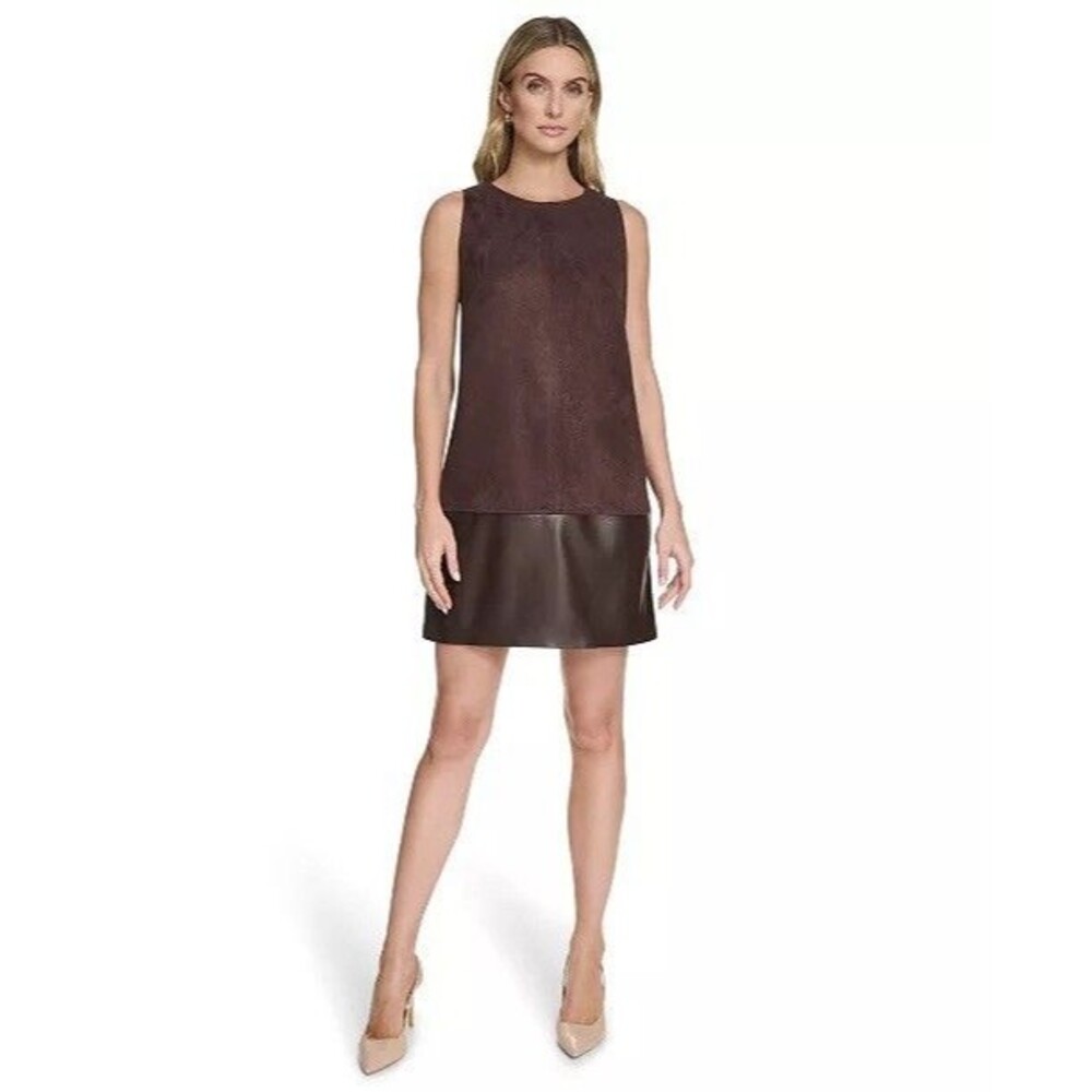 CALVIN KLEIN New Women’s Dress 6 Faux Suede Leather Panel Brown Sleeveless Shift